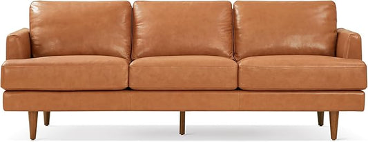Valencia Grosseto 87” Cognac Tan Brown 3 Seater Full Leather Sofa | Mid Century Italian Nappa Leather Couch for Living Room Furniture | Double Stitched Seams, Removable Cushions