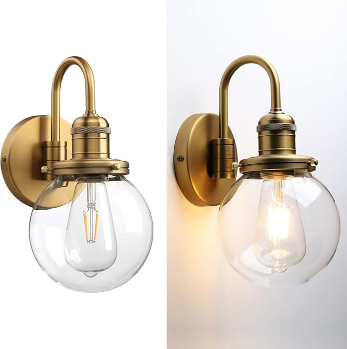 Industrial Vintage Gooseneck Wall Sconce 1-Light with 5.9” Round Clear Glass Globe Shade Indoor Wall Mounted Lamp Fixture