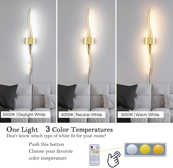 Modern Gold Plug in Wall Sconces Set of Two, RC Dimmable LED Plug in Wall Light, Wall Lamps with Plug in Cord for TV Wall Sconces, Gold Sconce Wall Lighting for Living Room, Hallway, Bedroom