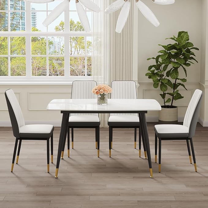 50" White Modern Sintered Stone Dining Table Set for 4 Faux Marble Dining Table with 4 Upholstered PU Leather Chair Dining Room Table Set for Kitchen Apartment(1White Table+4White &Gray Chairs)