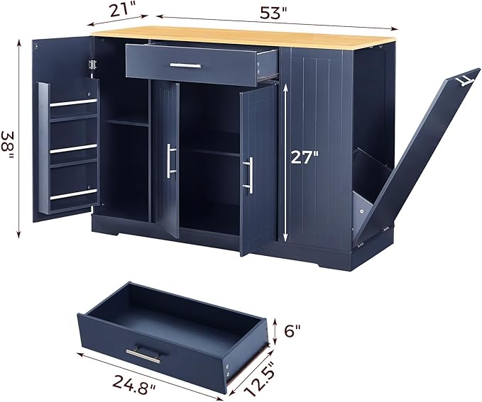 53" Long Kitchen Island with Trash Can Storage, Blue Kitchen Cart with Garbage Bin 10 Gallon, Portable Island with Trash Can, Wood Top, Spice Rack and Drawers