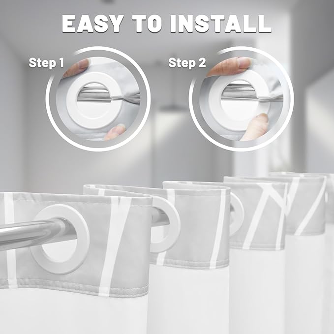 No Hook Ombre Grey Striped Long Shower Curtain with Snap in Liner Set - Hotel Shower Curtain and Liner Set with See Through Mesh Top Window,Machine Washable, 71x86 INCH