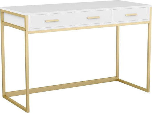 Martha Stewart Ollie Home Office Desk with 3 Drawers in White with Polished Brass Hardware