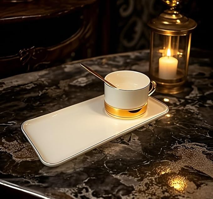 tea Cups and Saucers Set of 6, 8 oz, Ceramic Turkish Coffee Cup With Gold Trim for Cappuccino, Latte, Mocha, Au Lait, Espresso, White