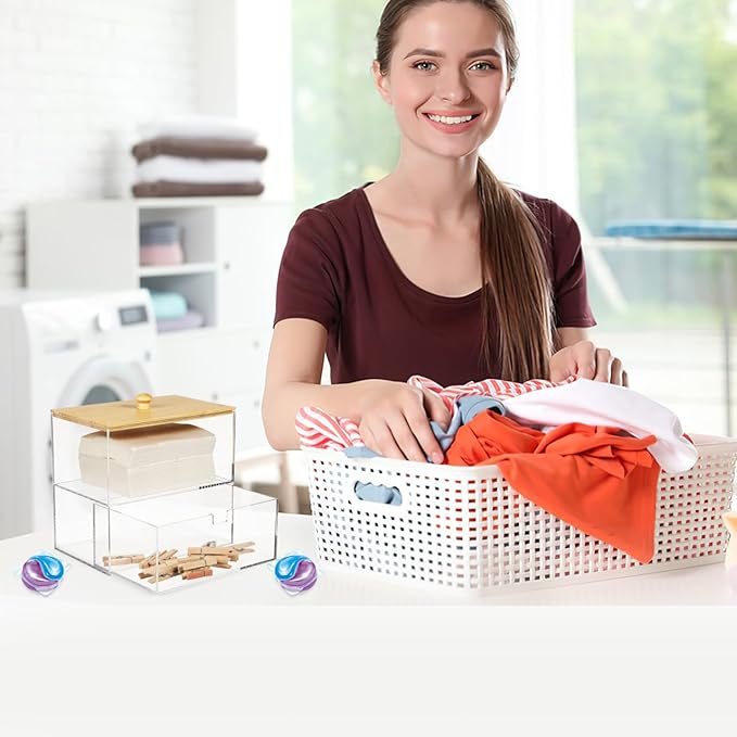 Dryer Sheet Holder Dispenser,Acrylic Dryer Sheet Container Box with Drawers and Lid for Laundry Room Organization, Storage Dryer and Fabric Sheet, Dryer Balls, Clothes Pins