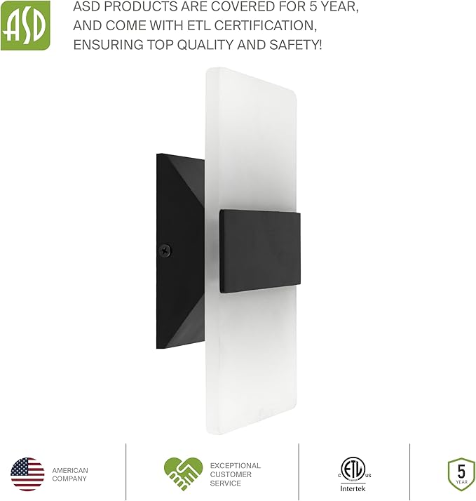 ASD 8 Inch LED Indoor Wall Sconce - Modern Interior 10W 120V 2700K-5000K Adjustable Dimmable Wall Mounted Light Fixtures, Acrylic Glass Wall Lights for Stairway, Hallway - ETL, Matte Black
