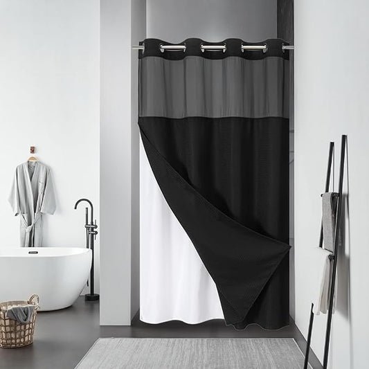 Stall Black No Hook Waffle Weave Shower Curtain with snap-in Liner Replacement, 230GSM Waterproof Fabric Hotel Shower Curtain Set for Bathroom, Through Mesh Top Window,54Wx80H