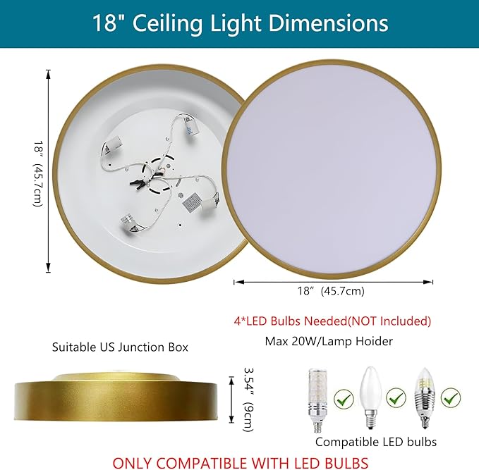 18" Modern Flush Mount Ceiling Light, 4-Lights Round Gold Ceiling Light Fixtures, Minimalistic Ceiling Lamp Acrylic Shade Lighting Fixture for Bedroom Living Room Laundry Room Foyer Hallway
