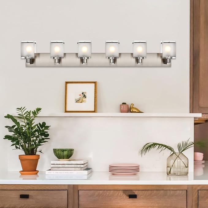 6-Lights Bathroom Vantiy Light Over Mirror, Modern Black Vanity Lighting Fixtures with Rectangular Frosted Glass Shades for Bath Kitchen Wall Mounted, E26 Bulb Base