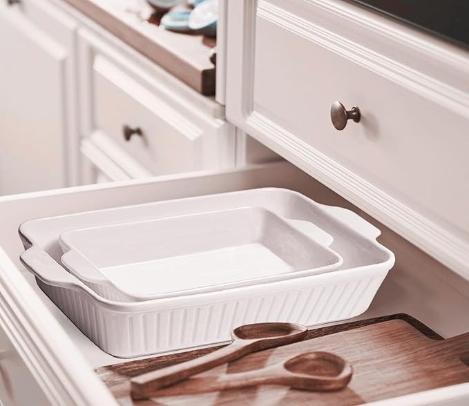 Ceramic Baking Dish Set (2-Piece) - 4.4QT & 1.8QT Rectangular Casserole Pans for Lasagna, Turkey, Cake - White Oven Safe Roaster Pans 13x9.5 & 12x7 Inch Dishwasher Safe