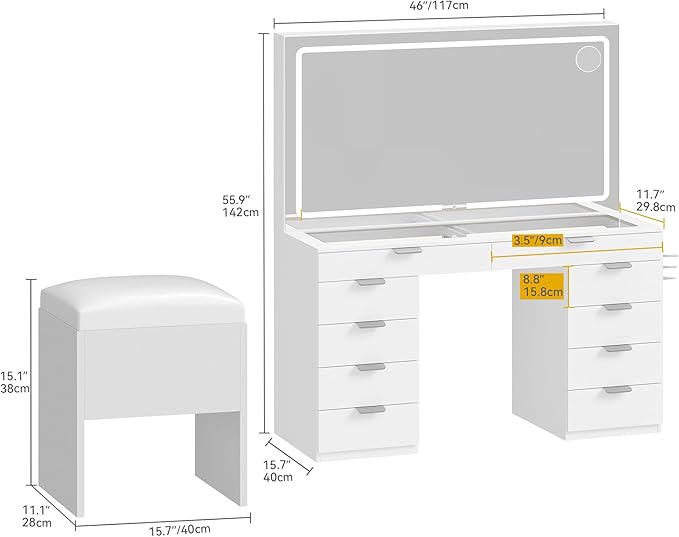 DWVO Makeup Vanity Table with Stool, Large Mirror, 10 Drawers, LED Lights with 3 Color Settings, USB & Power Outlets, Glass Top Dressing Table