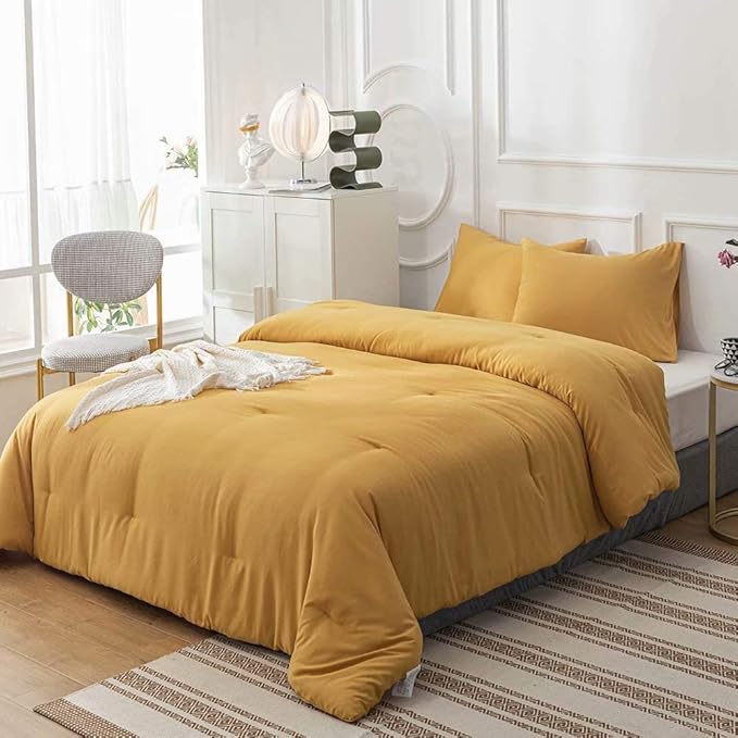 Cottonight Mustard Yellow California King Comforter Sets Dark Yellow Bedding Comforter Set Ginger Blanket Quilts Cozy Breathable Blanket Quilts Bedding Set Cal King Bed