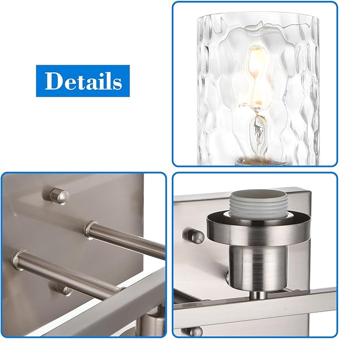 MELUCEE 4-Light Wall Light Fixtures Brushed Nickel Bathroom Vanity Light with Clear Hammered Glass Shade, Modern Wall Lamp for Powder Room Bedroom Porch (Patent No.: US D963914 S)