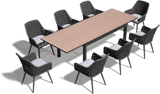 SUNSITT 9-Piece Outdoor Patio Dining Set, 63" - 105" Aluminum Expandable Outdoor Dining Table Set for 8, 8 Woven Rope Chairs with Gray Removable Cushions