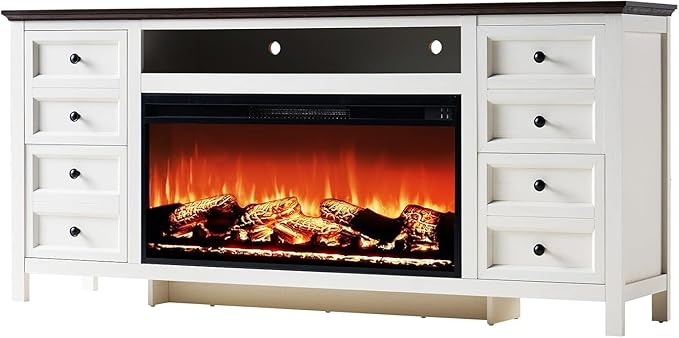 AMERLIFE 70" Farmhouse TV Stand with 37" Fireplace for 80" TVs - Dresser TV Stand w/Heater, 4 Storage Drawers, Rustic Media Entertainment Center for Living Room, Bedroom, White