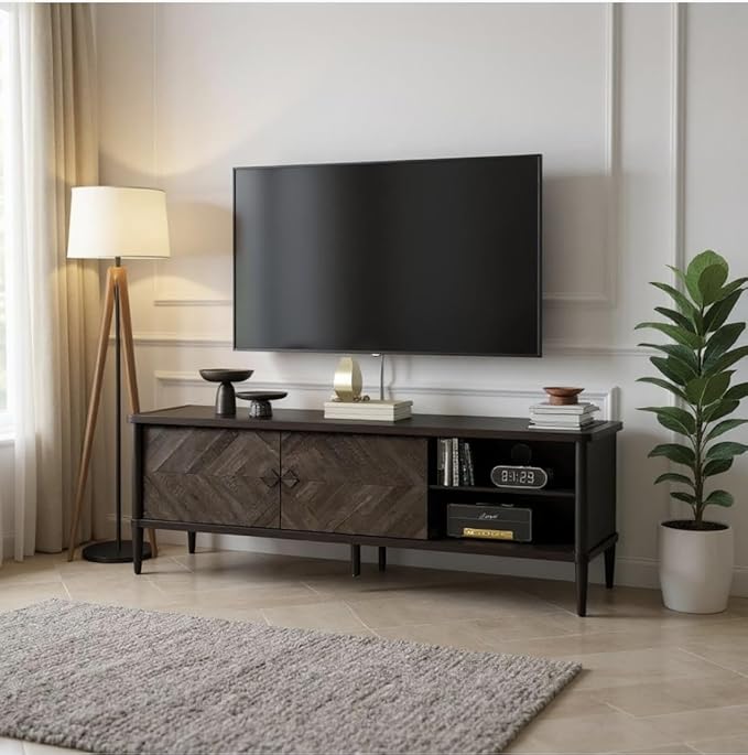 Lenia Solid Wood TV Stand – Mid-Century Modern Entertainment Center, Wooden Media Console with Chevron Doors, Adjustable Shelves & Cable Management – Sturdy Design – Mocha Black Finish