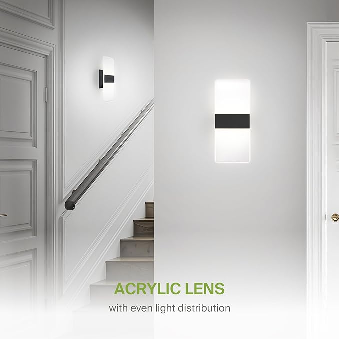 ASD 12 Inch LED Indoor Wall Sconce - Modern Interior 12W 2700K-5000K Adjustable Dimmable Wall Mounted Light Fixtures, Acrylic Glass Wall Lights for Stairway, Hallway - UL, Matte Black
