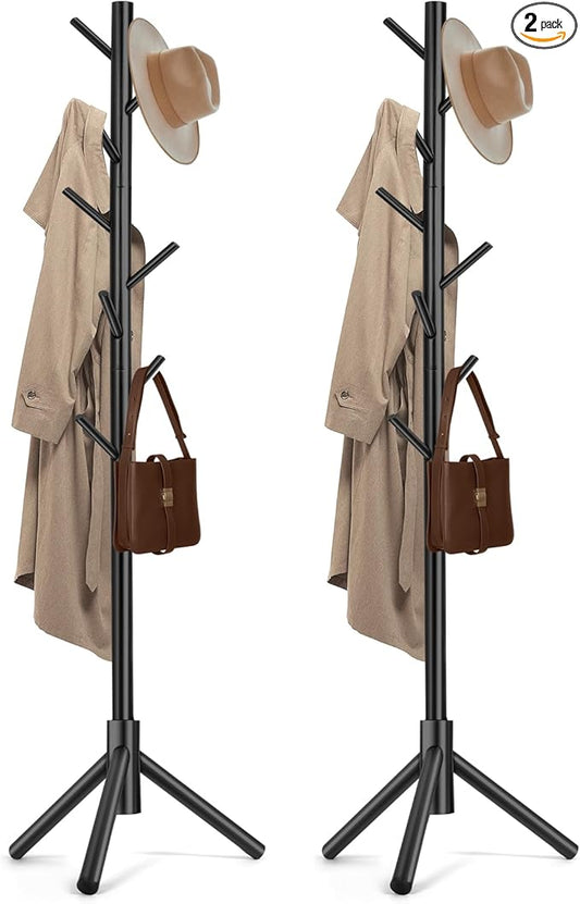 2PCS Solid Wooden Coat Rack Freestanding, New Zealand Pine Coat Tree with 8 Hooks & 3 Adjustable Sizes for Coats, Hats, Handbags and Scarves, Space Saving for Entryway/Office/Bedroom (Black)