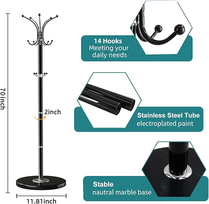 Coat Rack with Natural Marble Base, Metal Freestanding Coat Racks with 14 Hooks, 360°Rotary Coat Rack Stand for Hanging Scarf, Bag, Jacket, Black Coat Tree Hanger Holder Stand