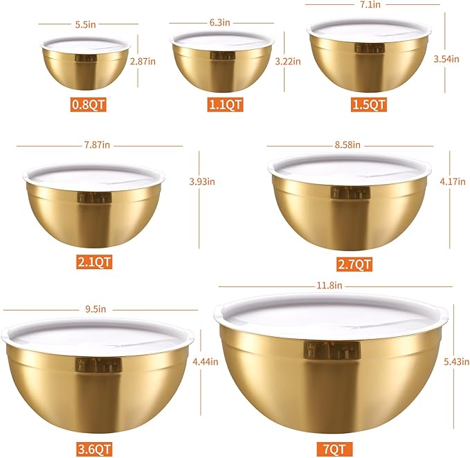 Gold Mixing Bowls With Airtight Lids,Stainless Steel Bowl,Salad Bowls 7 Piece Colorful Nesting Bowl Gold Kitchen Accessories,Size 7,3.6,2.7,2.1,1.5,1.1,0.8QT Stackable Design
