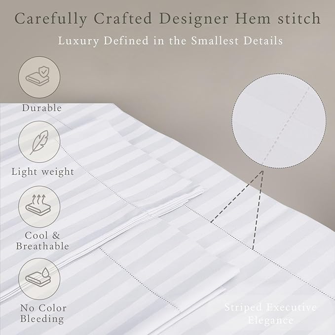 Threadmill 500 Thread Count Twin Size Damask Stripe, 3 Pc Luxury Cotton Bedding Set, Breathable & Soft Stripe Hotel White Sheets with 15" Elasticized Deep Pocket, 1 Pillowcase & Free Tote Bag