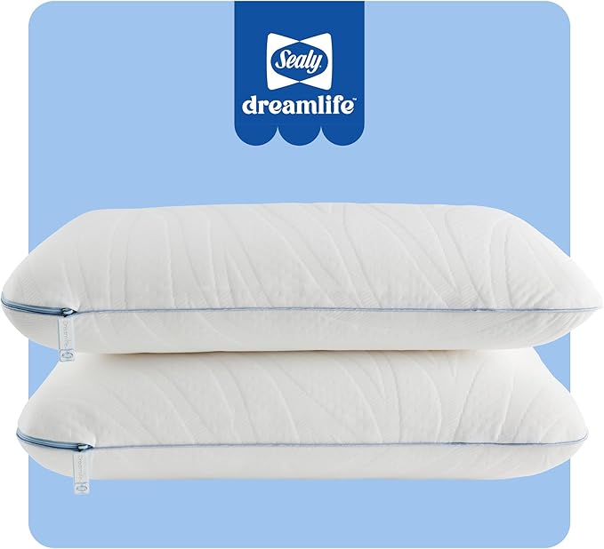 SEALY Dreamlife Queen Size Memory Foam Cooling Surface Guard Technology, Removable Machine-Washable Cover, 1 Year Warranty, White (2 Pack) Pillow, 2 Count