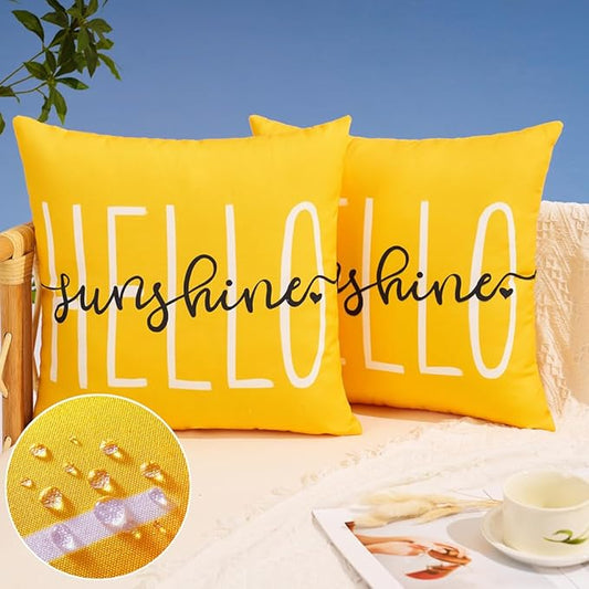 DFXSZ Outdoor Pillow Covers 20x20 Inch Set of 2 Hello Sunshine Decor Yellow Waterproof Throw Pillow Covers Summer Outdoor Waterproof Pillow Covers Decor for Patio Funiture Garden Sofa Couch 020B20