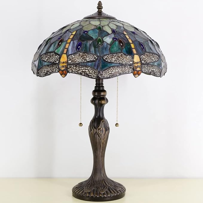 Tiffany Table Lamp Stained Glass Lamp 16X16X24 Inch Antique Reading Light (Amber Yellow Dragonfly)