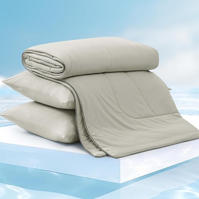 Monbix ChillChilla Cooling Comforter Twin Size-2 Pieces Cooling Blankets for Hot Sleepers and Night Sweats, Double-Sided Summer Twin Comforter Set, Breathable Lightweight Blanket Grey
