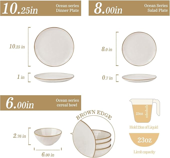 Famiware Dinnerware Sets for 8, Ocean Round 24-Piece Kitchen Plates and Bowls Sets, Reactive Glaze, Microwave and Dishwasher Safe, Scratch Resistant, Cappuccino White