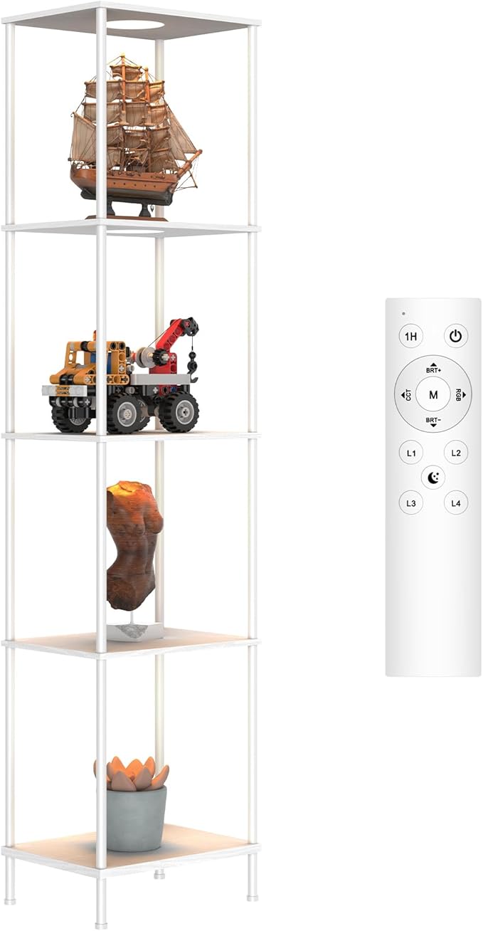 Display Shelf with RGBCW Light, Color Changing Curio Cabinet Floor Lamp with Shelves Corner Standing Column Lamp Etagere Organizer Tower Nightstand Bookcase for Living Room Bedroom Office Décor White