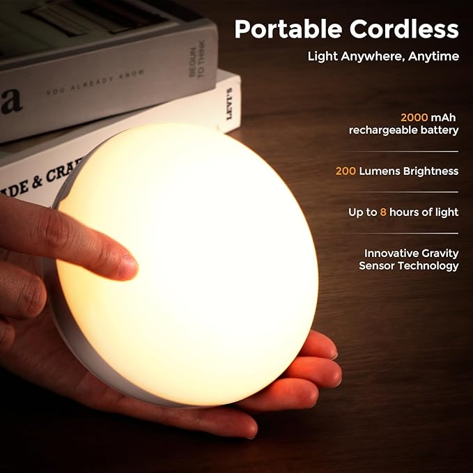 Cordless Bedside Table Lamp with Gravity Sensor | Portable Wireless Rechargeable 2000mAh Battery Operated | Mini Warm Soft Ambient Night Stand Light | Gift for Bedroom, Nursery, Camping & Outdoor