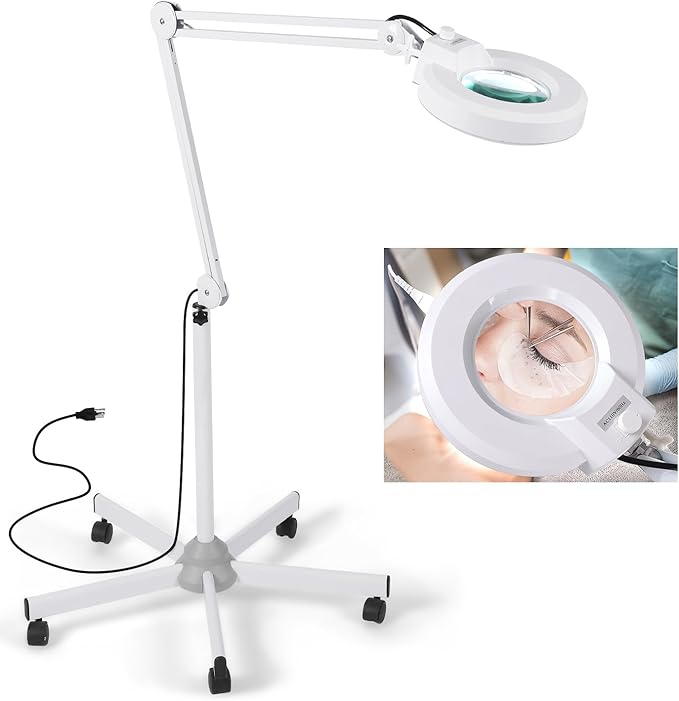 Magnifying Floor Lamp with 5 Wheels Rolling Base for Estheticians - 1,500 Lumens LED Dimmable Light with Magnifying Glass, 8-diopter Lighted Magnifier for Reading, Crafts, Sewing, Close Work(5X)