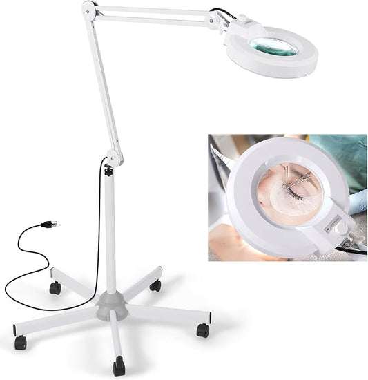 Magnifying Floor Lamp with 5 Wheels Rolling Base for Estheticians - 1,500 Lumens LED Dimmable Light with Magnifying Glass, 8-diopter Lighted Magnifier for Reading, Crafts, Sewing, Close Work(5X)