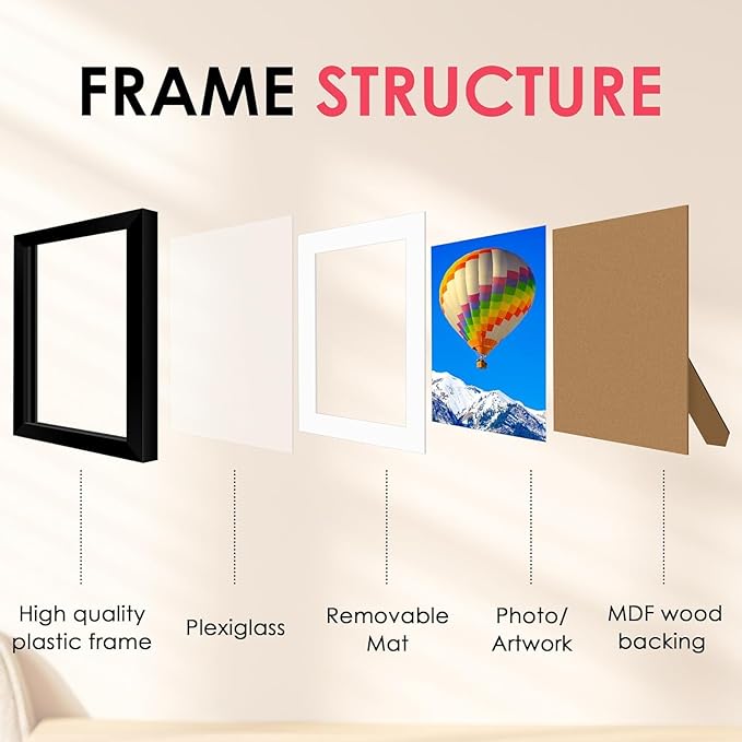 FIXSMITH 8.5x11 Picture Frame, Black Photo Frame with HD Plexiglass, Display Pictures 6x8 with Mat or 8.5x11 Without Mat, Picture Frames Collage for Tabletop or Wall Display, 1 Pack