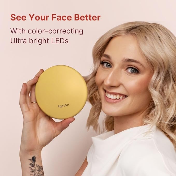 Fancii Taylor Travel Makeup Mirror with LED Light, Rechargeable, 10x /1x Magnifying, Tru-Glow Lighting System, XL Large 5” Wide | Compact Mirror for Purses (Marigold)