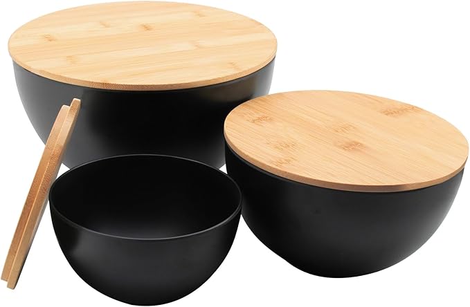Salad Bowl Set of 3 with Bamboo Wooden Lids, Mixing Bowls Set, Nesting Bowls for Space Saving Storage, Made with Durable Eco-Friendly Bamboo Fiber, Great for Prepping and Serving Food, Black
