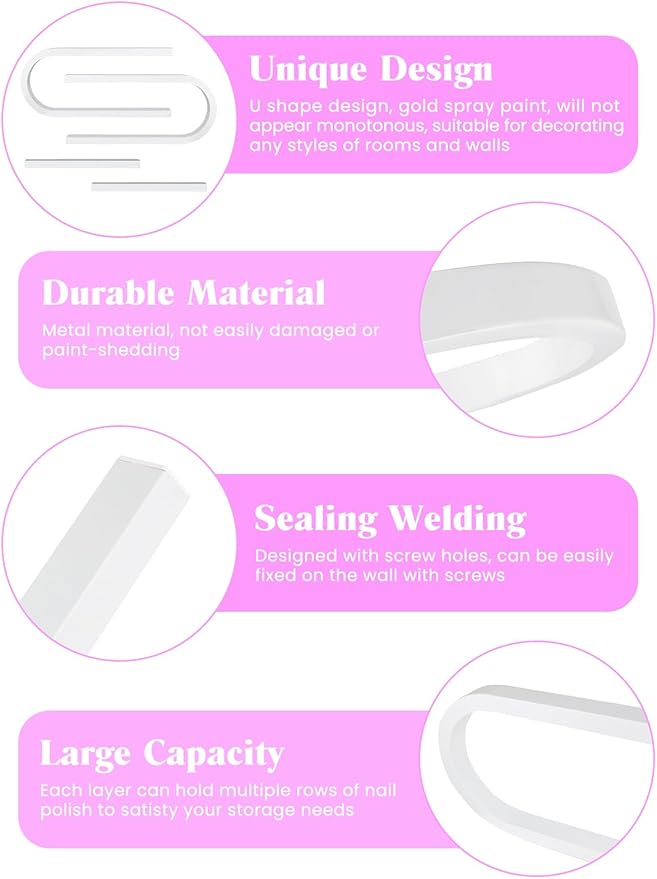 EBANKU 4PC U Shape Nail Polish Racks Heavy Duty Nail Shelfs for Wall Nail Polish Display Rack Cosmetic Display Cases Lipstick Perfume Wall Shelf Nail Polish Organizer for Home Spa Nail Salon (White)