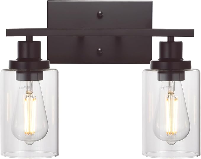MELUCEE 2-Light Industrial Bathroom Lighting Oil Rubbed Bronze with Clear Glass Shade, Porch Light Fixtures Wall Mount Sconces for Bedroom Living Room Kitchen (Patent No.: US D963914 S)