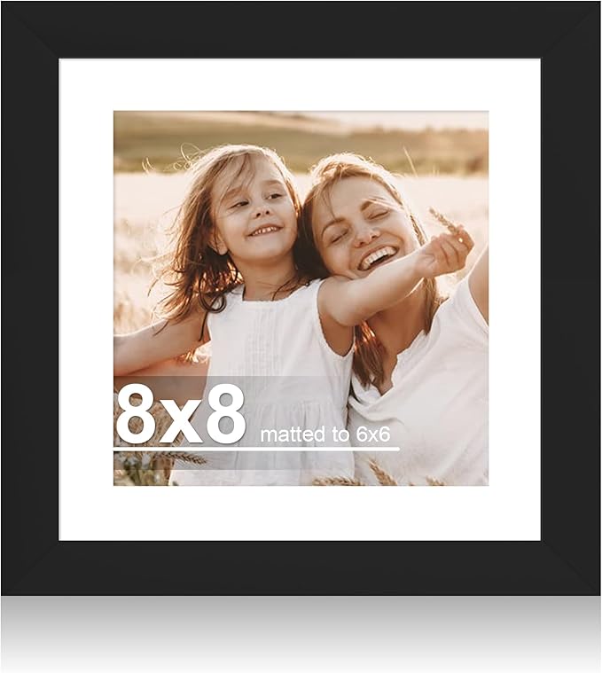 8x8 Picture Frame with Glass, Display Pictures 6x6 with Mat or 8 x 8 without Mat - Wall and Tabletop, 8 by 8 Photo Wooden Frames (Black, 1 Pack)