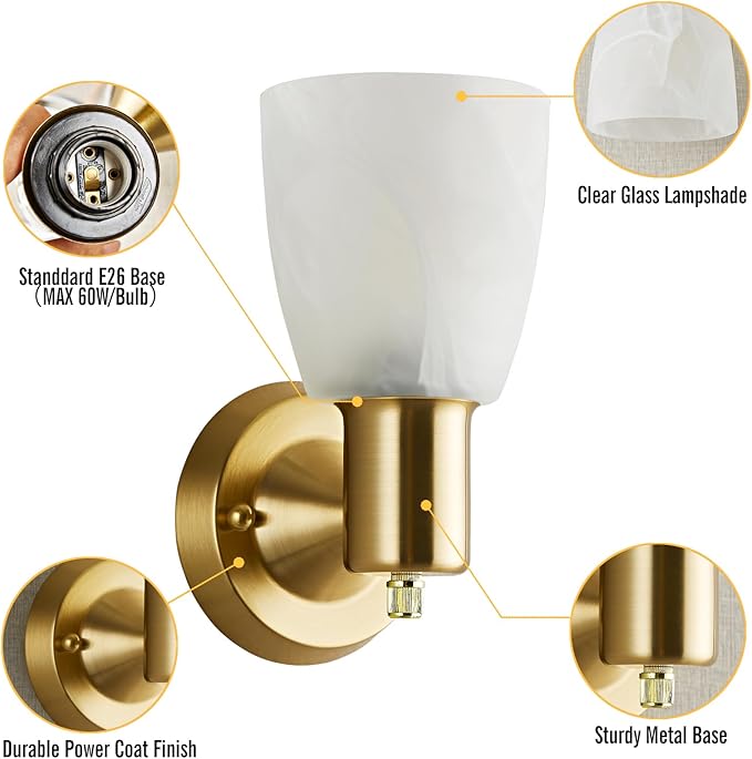 Wall Sconces Set of 2, Gold Vanity Lights for Bathroom, Modern Wall Light Fixtures with Rotary Switch, Wall Mount Light with Frosted Glass, Farmhouse Wall Lamp for Bedroom Living Room
