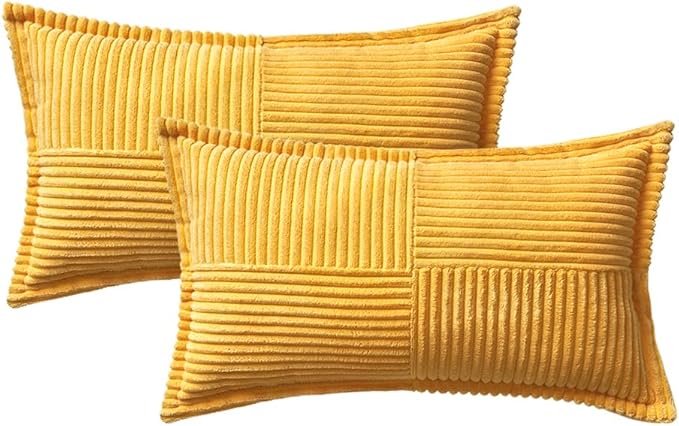 MIULEE Golden Yellow Corduroy Lumbar Pillow Covers 12x20 Inch 12x20 Inch with Splicing Set of 2 Soft Boho Pillow Covers Broadside Decorative Textured Summer Pillowcases for Couch Bed Livingroom