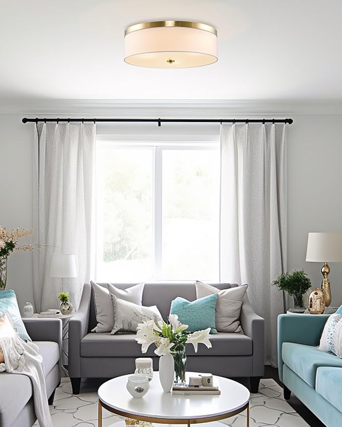 Kira Home Walker 20" Large Mid-Century Modern 3-Light Flush Mount Ceiling Light, White Fabric Shade + Round Glass Diffuser, Cool Brass Finish