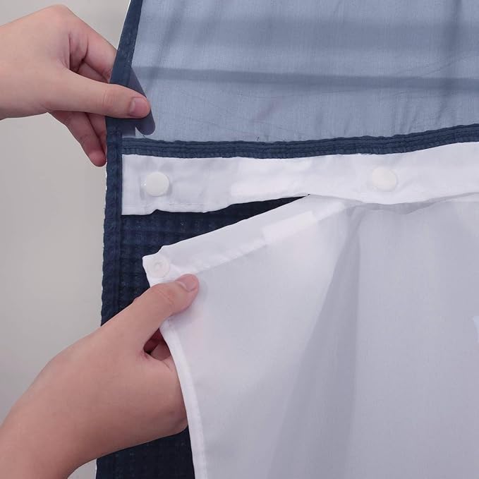 River Dream Navy Blue Fabric Shower Curtain Set, Cotton Blend, Waffle Weave, with Snap in Replacement Liner，71 x 74 inches