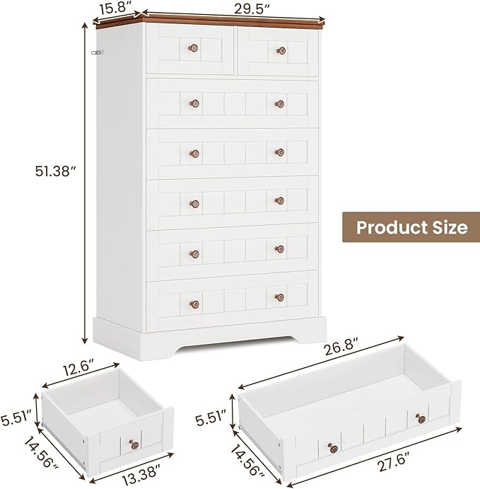 Hasuit White Dresser for Bedroom, Farmhouse 7 Drawers Dresser, 51.4"Tall Dressers Chest of Drawers with Hand Carved Panel, Large Wood Closet Storage Organizers Dressers for Bedroom Living Room Hallway