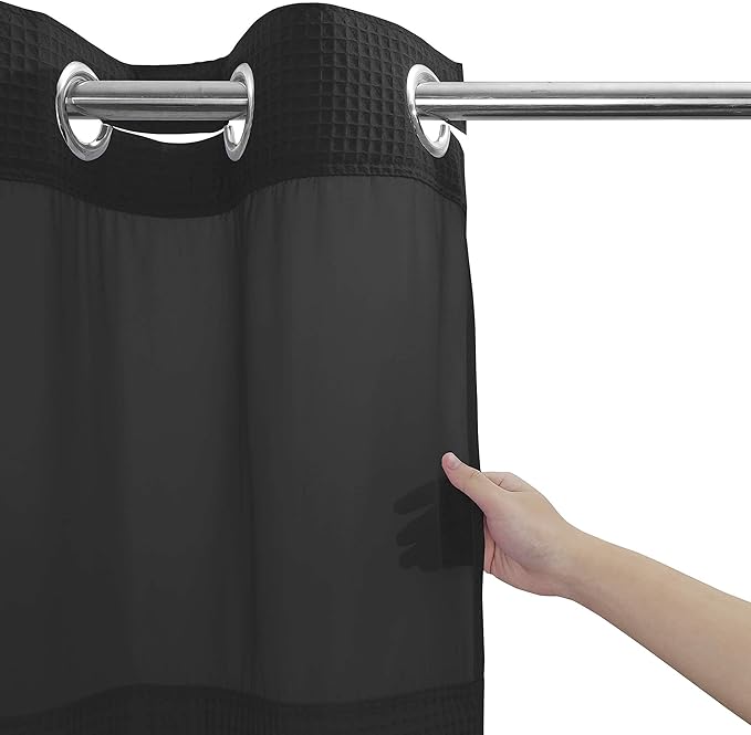 River Dream Black Fabric Shower Curtain Set, Cotton Blend, Waffle Weave, with Snap in Replacement Liner，54 x 80 inches