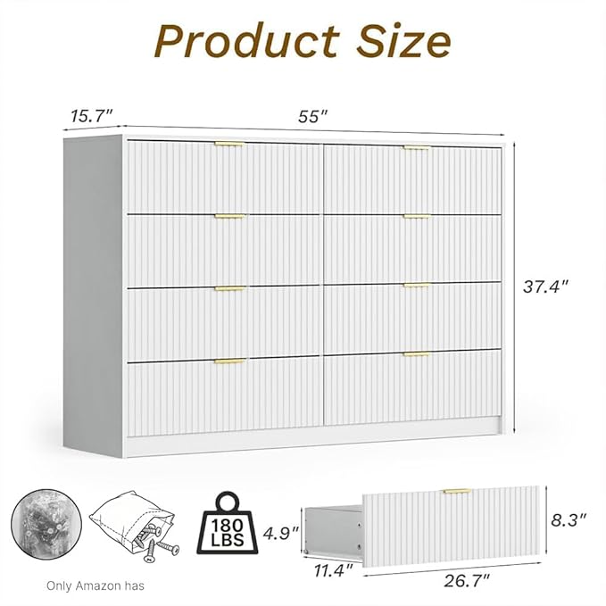 White Dresser for Bedroom, 8 Drawer Double Dresser, Modern Chest of Drawers for Bedroom, Living Room, Entryway and Closet, 55" L x 15.7" D x 37.4" H