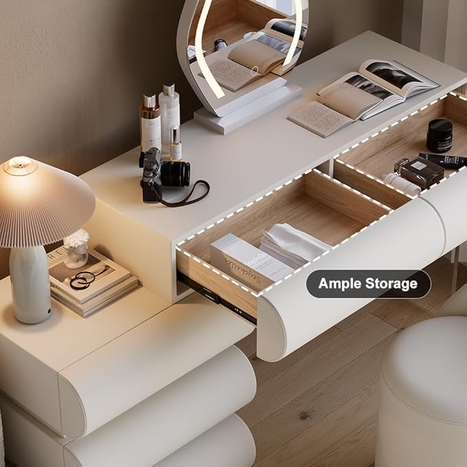 homary White Makeup Vanity Set with LED Mirror and Dressing Stool, Modern PU Leather Dressing Table with Drawers for Bedroom, Ideal for Women Girls (White)