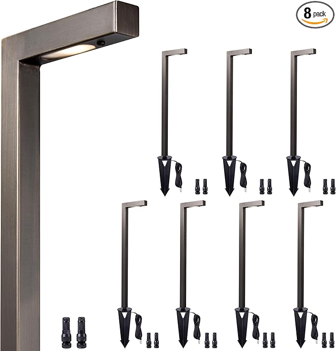 LED Pathway Lights Brass, 12V Landscape Path Lights Wired, Low Voltage Walkway Lights Outdoor Waterproof, L Shape Bronze for Backyard Garden Without G4 Bulb 8 Pack