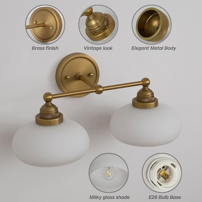 Vintage 2-Lights Sconces Wall Lighting with Milk White Glass Shade, Double Arm Wall Lamp Fixture for Living Room Dining Room Bedroom Hallway